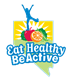Eat Healthy Be Active Logo with a drawing of a fruit and a person
