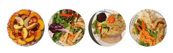 Eating Well Meals: peach dish, a vegetable and pasta dish, two additional chicken rice and vegetable dish