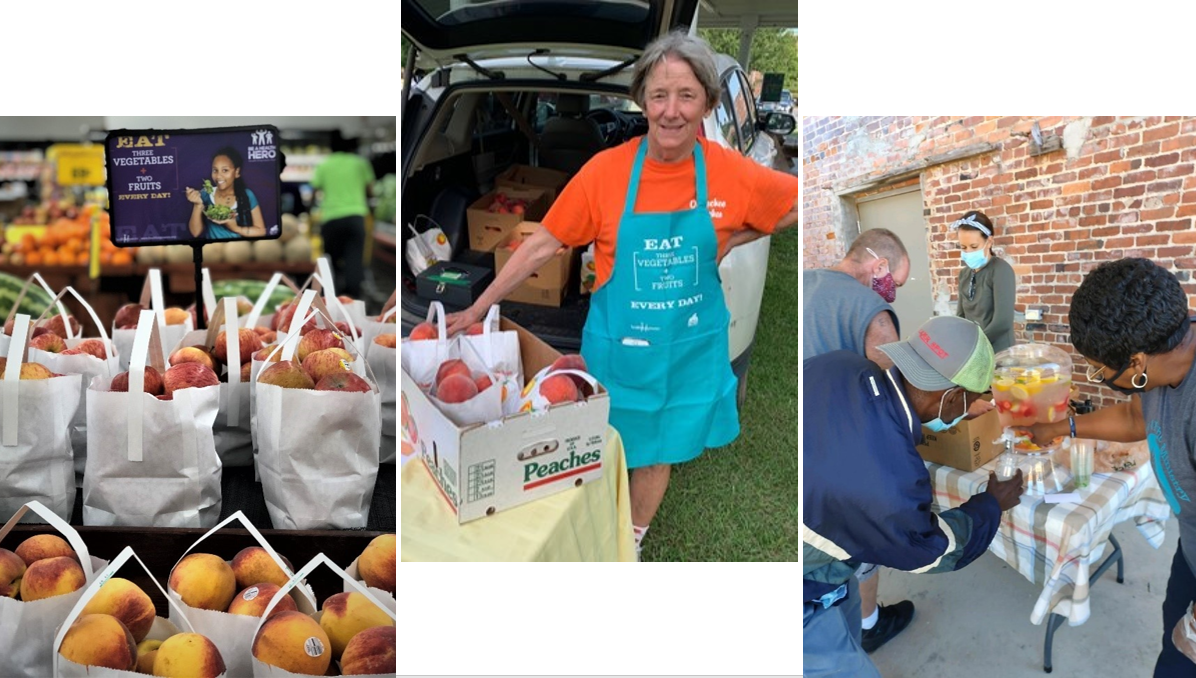3 images from a farmers market; the first image has bags of peaches with the Eat Three Vegetables + 2 Fruits signage; the second image feature a woman wearing an apron that says Eat Three Vegetables + 2 Fruits and she standing next to a box of peaches; the third image shows a man getting a drink from a pitcher of water flavored with fruits