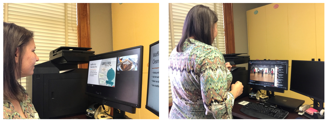 two images of participants at their home computer following along with the virtual workout