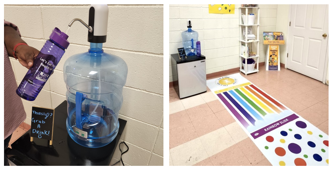 first image: filling a bottle of water at a water filling station, second image: portable, indoor physical activity mats