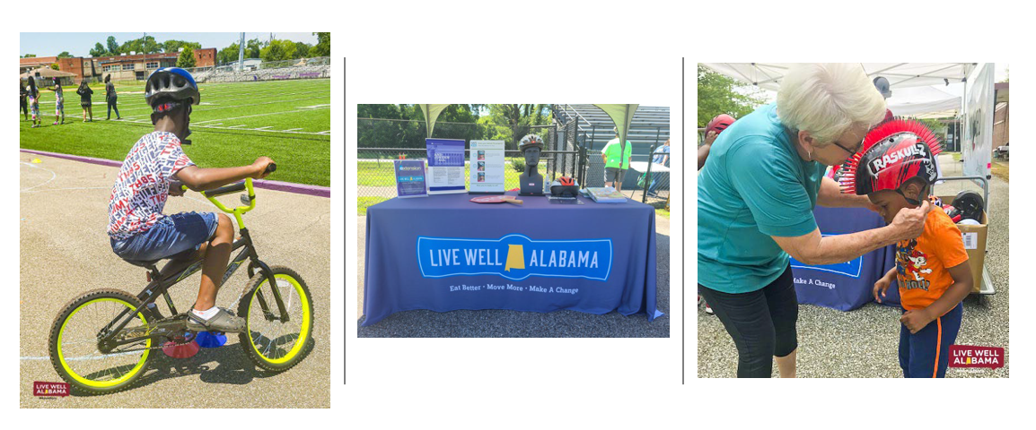 3 images: first one a girl is riding a bike, second image: a table for Eat Well Alabama with information on it, the third image a women helps a child put on a bike helmet