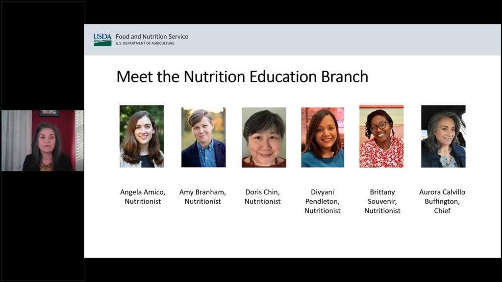 USDA: Meet the Nutrition Education Branch with images of the team members: Angela Amico, Nutritionist; Amy Branham, Nutritionist; Doris Chin, Nutritionist; Divyani Pendleton, Nutritionist; Brittany Souvenir, Nutritionist; Aurora Calvillo Buffington, Chief