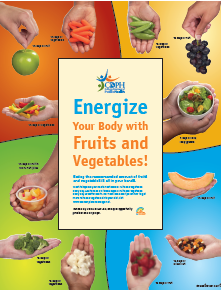Energize your body with fruits and vegetables! servings sizes are show in the palm of a hand for fruits and vegetables