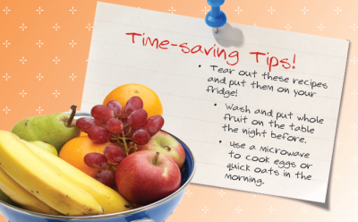 a list of time-saving tips and a bowl of fruit