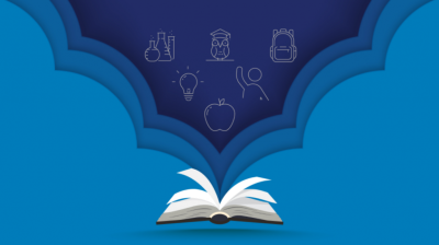 blue background with an open book with drawings of an apple, a lightbulb, a person, an owl, chemistry set