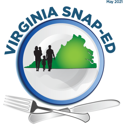 Virginia SNAP-Ed with a family in front of the state of virginia with a knife and fork at the bottom May 2021