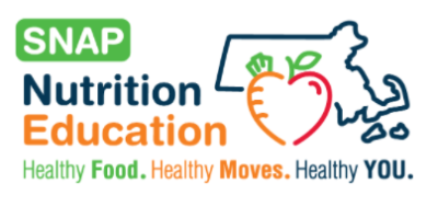 SNAP Nutrition Education Healthy Food. Healthy Moves. Healthy You. with an outline of Massachusetts