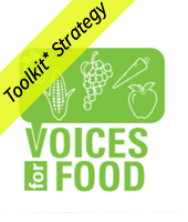 Voices for Food with drawings of fruits and vegetables and a yellow Toolkit Strategy banner