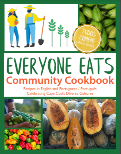 Everyone Eats Community Cookbook cover with a drawing of farmers and pictures of vegetables