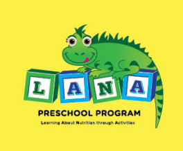 LANA Preschool Program Learning About Nutrition through Activities with a green lizard and a yellow background