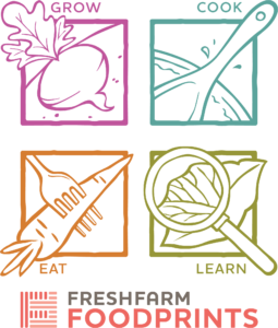 FarmFresh FoodPrints logo: sketch drawings on a square grid of a beet, a wooden spoon, a carrot on a fork, and a magnifying glass looking at a leaf with text "grow" "Cook" "eat" and "learn."