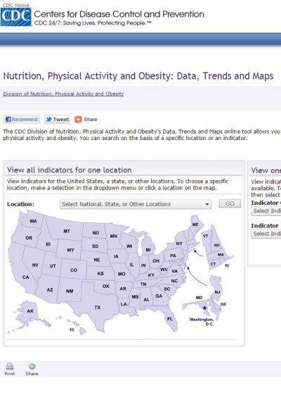 screenshot of web site with a map of the United States