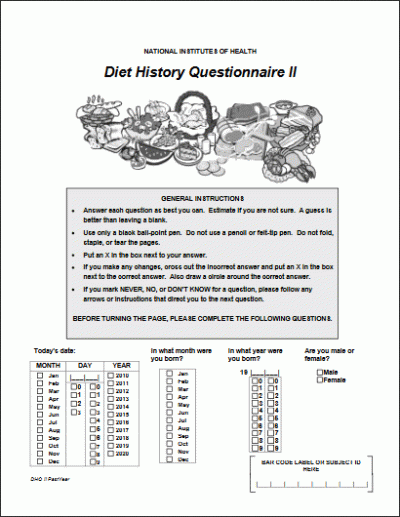 thumbnail of the paper version of the Diet History Questionaire