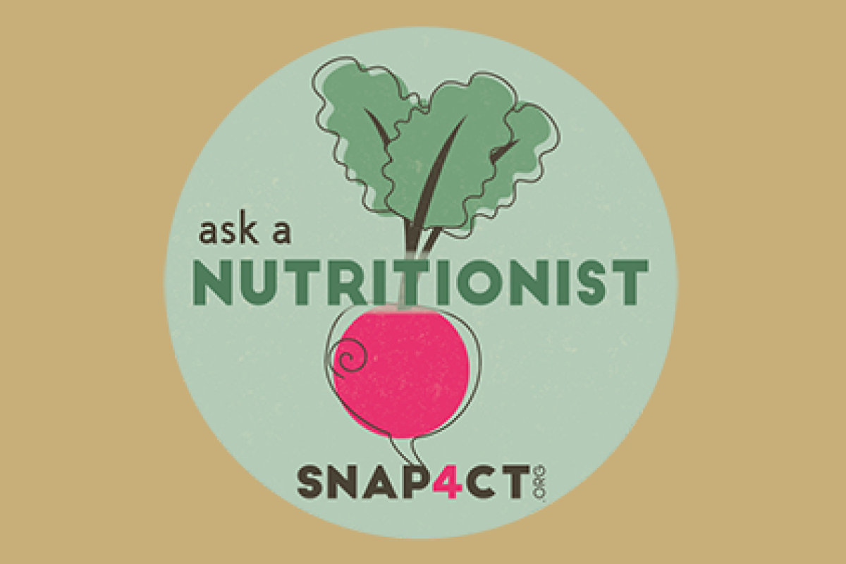 SNAP4CT logo, radish image with "Ask a Nutritionist" text