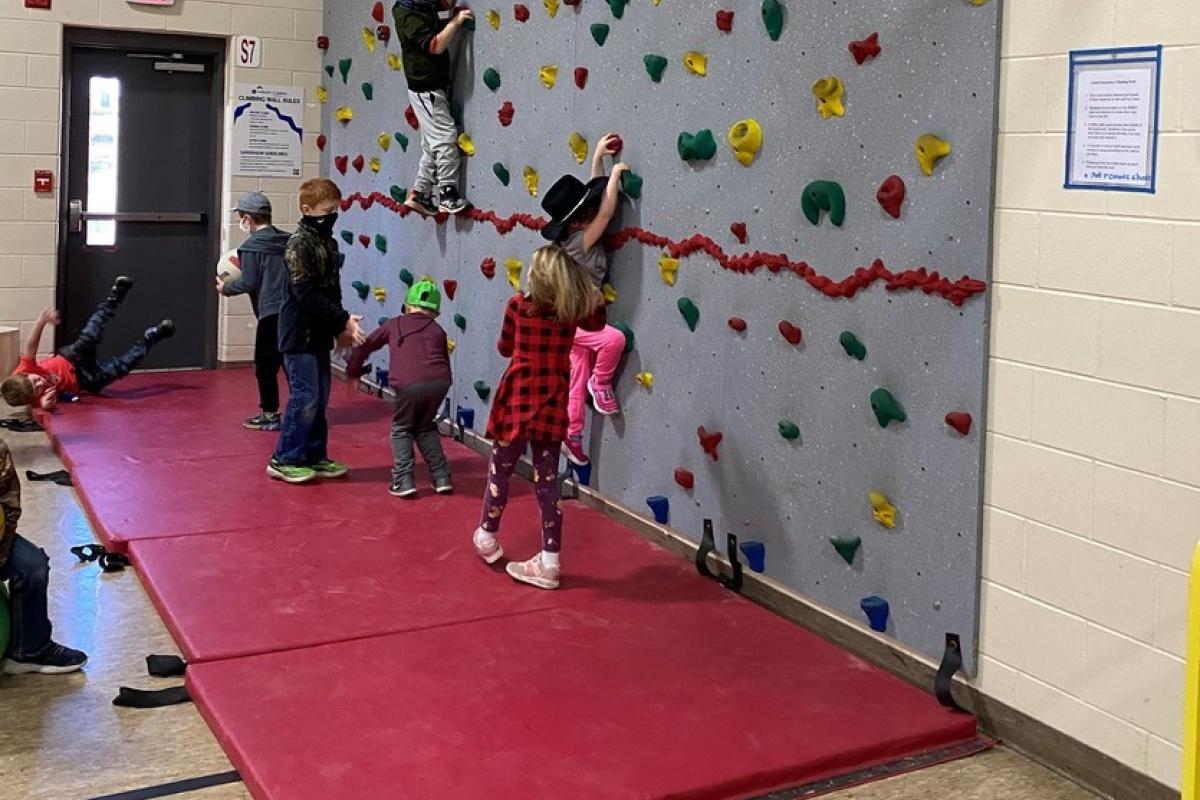 kids climbing on a rock climbing wall