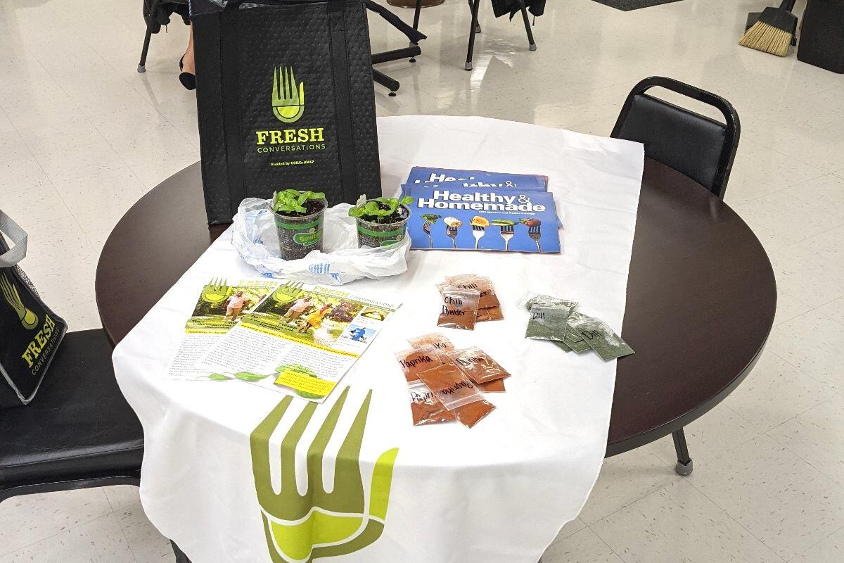 Display table of nutrition education materials for Fresh Conversations program