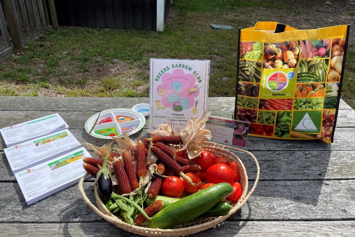 a table with recipes, a bowl of fresh vegetables and nutrition education materials