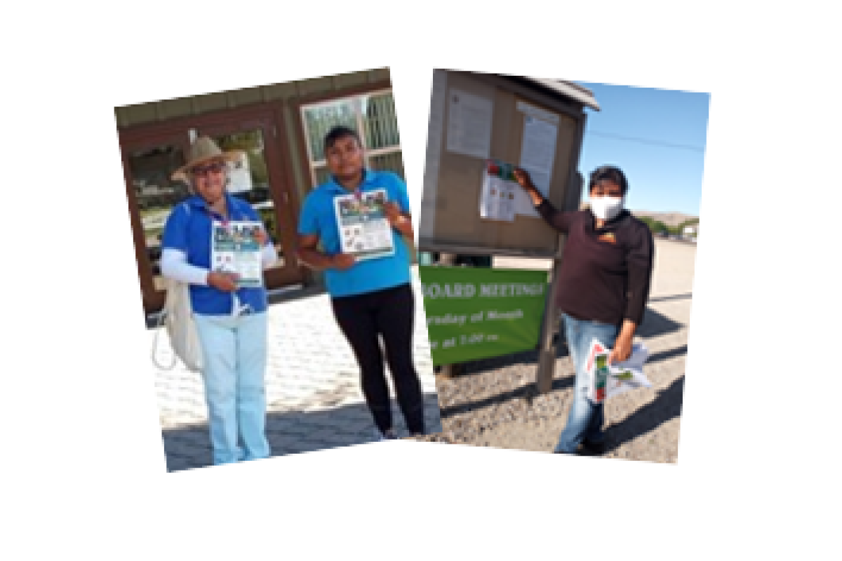 2 images of people at the CA Farmers Market holding flyers; and standing by a billboard