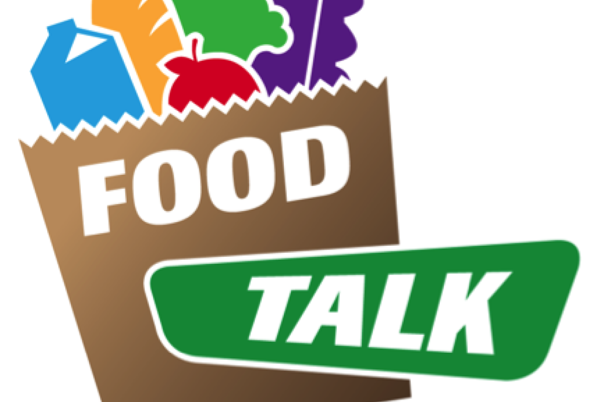Food Talk Logo cartoon picture of a grocery bag with food