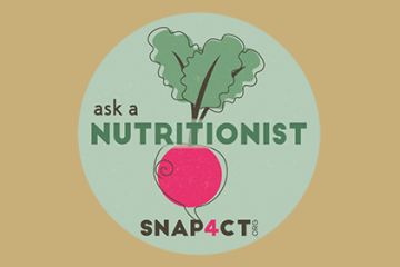 SNAP4CT logo, radish image with "Ask a Nutritionist" text