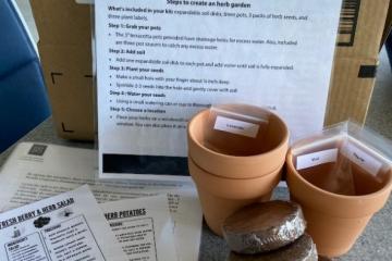Instructions for healthy aging: planting an herb garden with pots filled with dirt