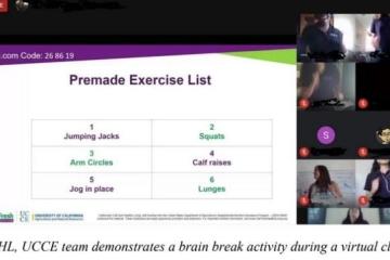 zoom call with images of students and a premade exercise list in two columns; first column 1 Jumping Jacks, 3, arm circles, 5 jump in place; 2nd column 2 squats, 4 calf raises, 6 lunges - CFHL, UCCE team demonstrates a brain break activity during a virtual class