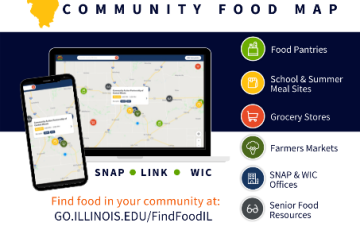 screenshot of the Find Food IL Community Food Map website for SNAP LINK WIC Find Food in your community at go.illinois.edu/findfoodil with images of a tablet and a smart phone