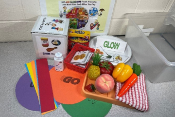 Nutrition education materials for young children on a table top