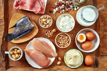 protein foods on a wooden background