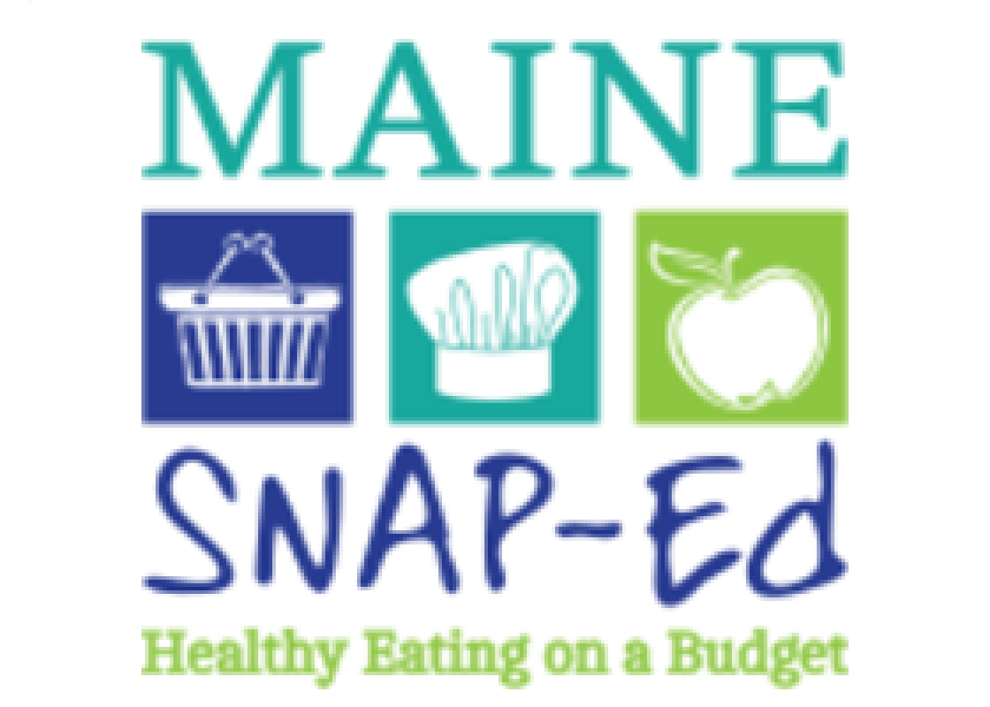 Maine SNAP-Ed Healthy Eating on a Budget. Images of a grocery basket, chef hat, apple