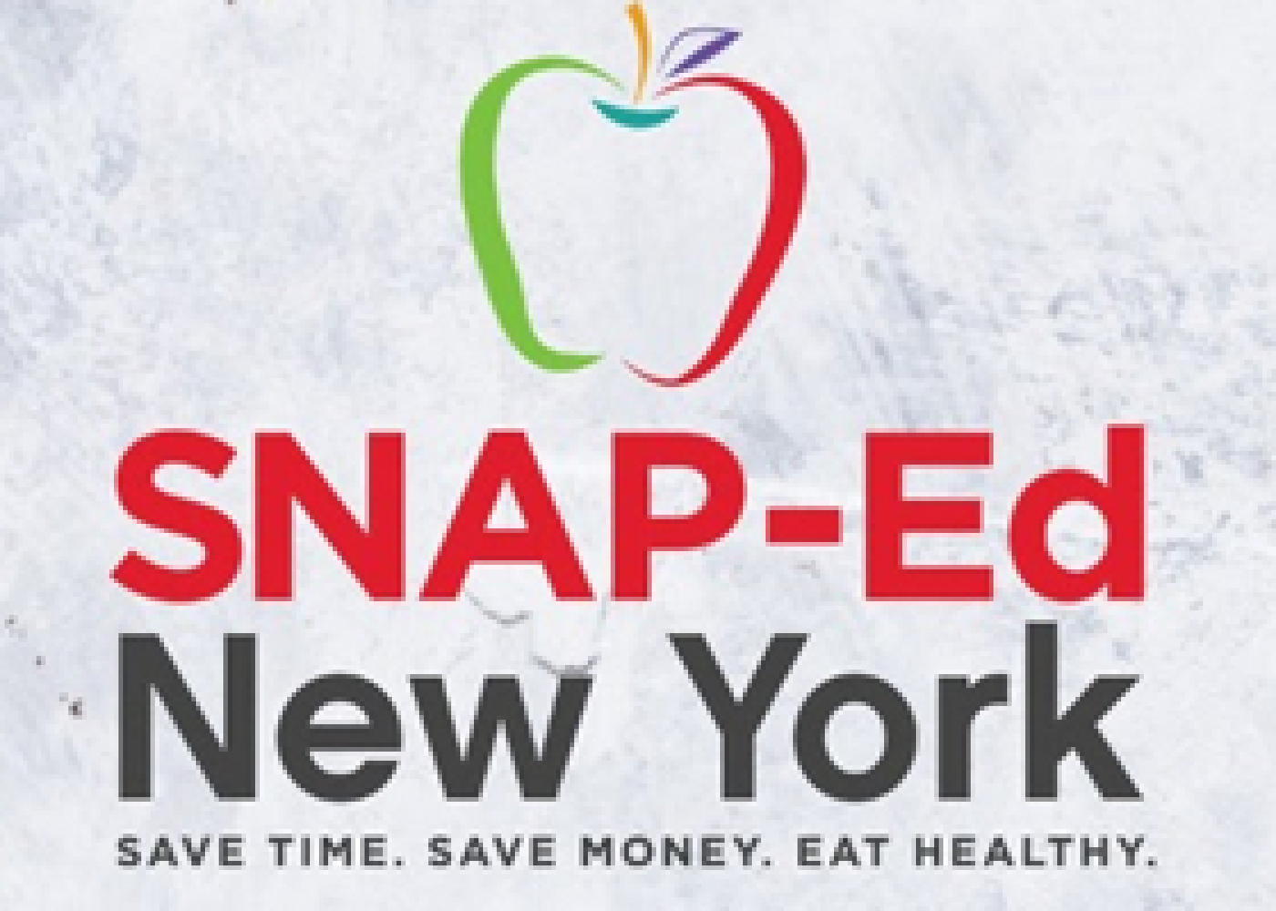 SNAP-Ed New York Save Time. Save Money. Eat Healthy. with the outline of an apple