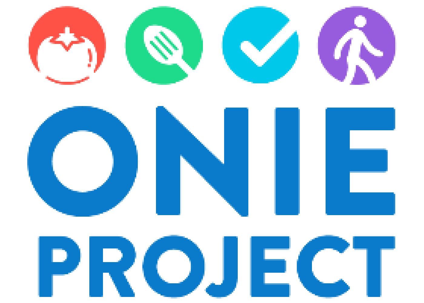 ONIE Project with drawings of a tomato, a cooking utensil, a check mark, and a person walking
