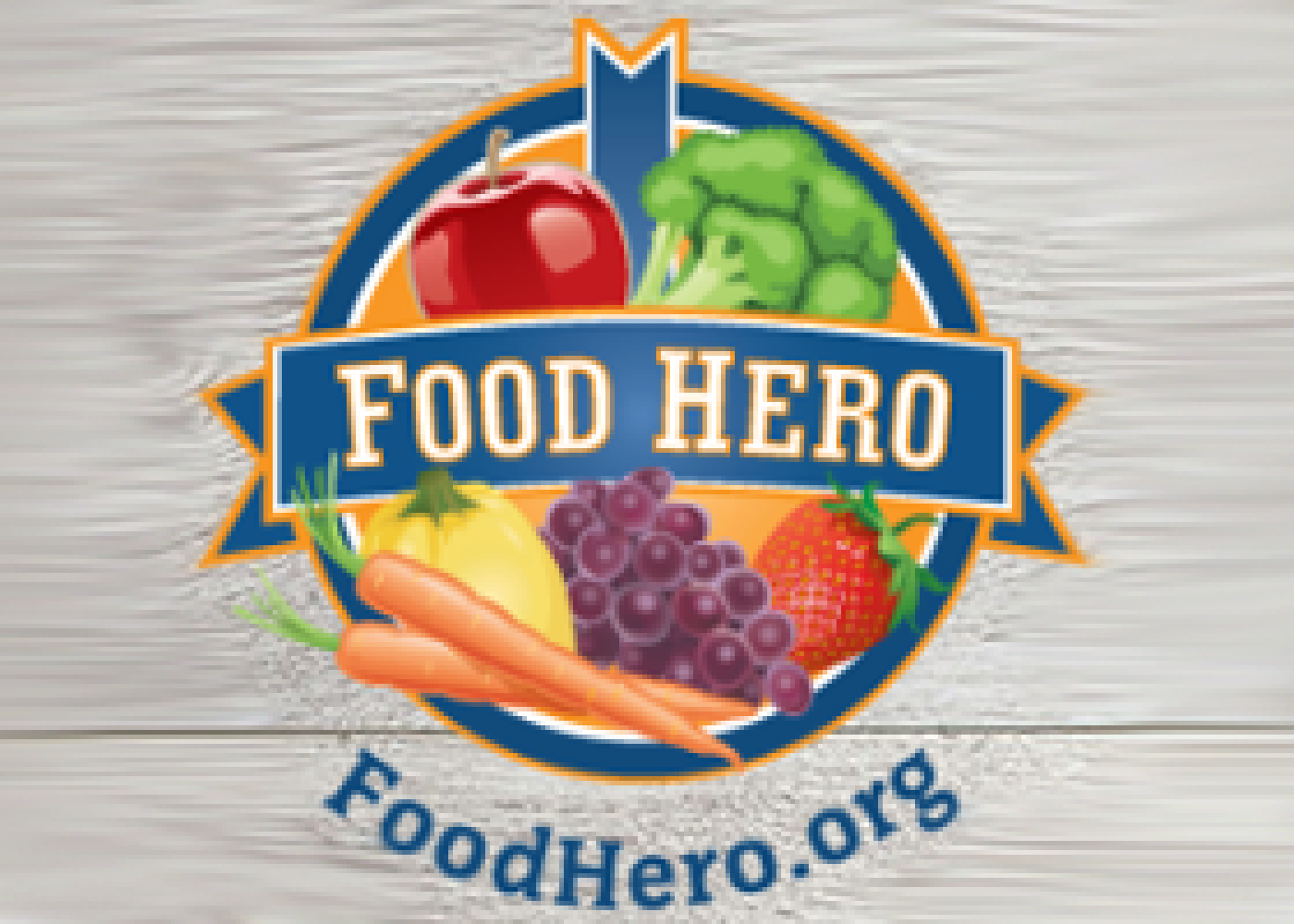 Food Hero with drawings of fruits and vegetables FoodHero.org
