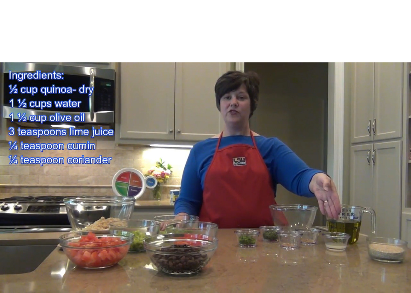 Ingredient List for recipe with a woman giving a cooking demonstration