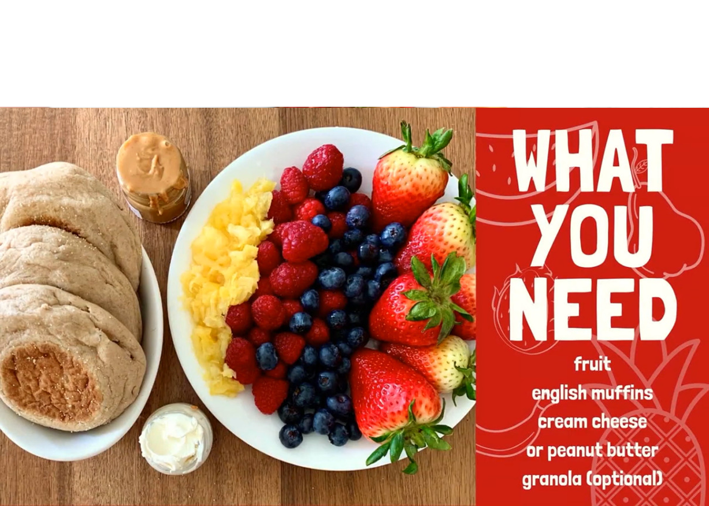 text "What You Need" with a list of ingredients and an image of English Muffins, a plate of fruit and scrambled eggs