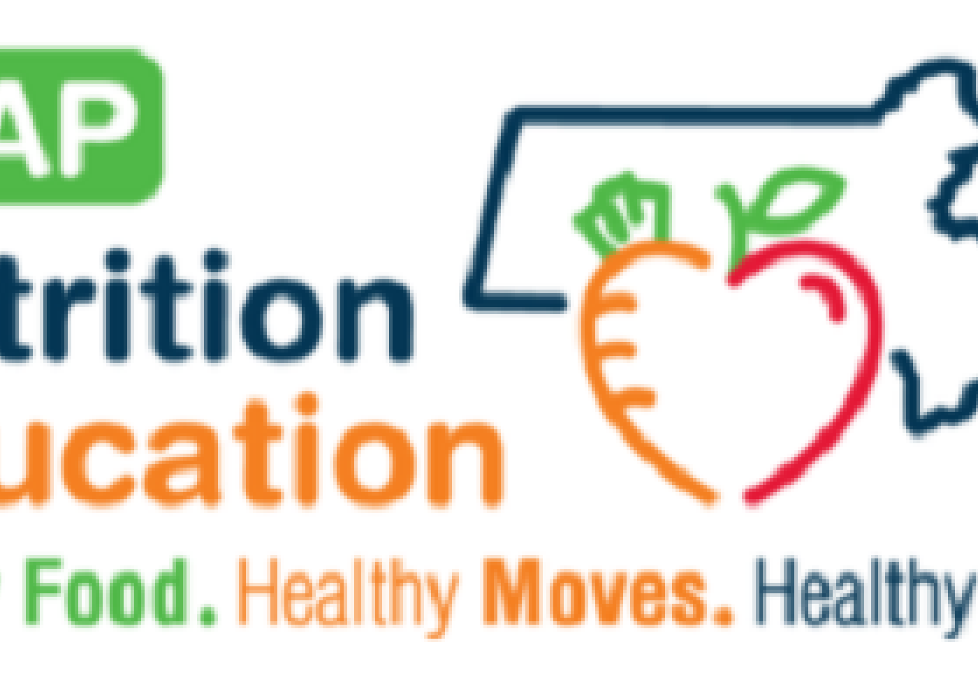SNAP Nutrition Education Health Food. Healthy Moves. Healthy You. with an outline of Massachusetts and an apple