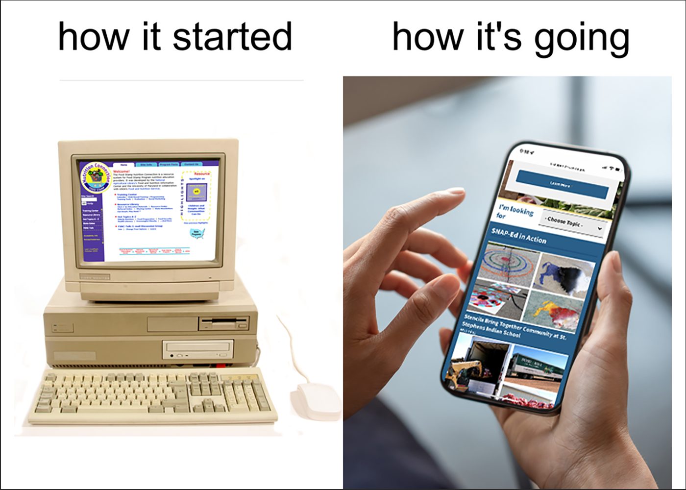how it started with an image of an old computer and monitor; how it's going with an image of a smart phone