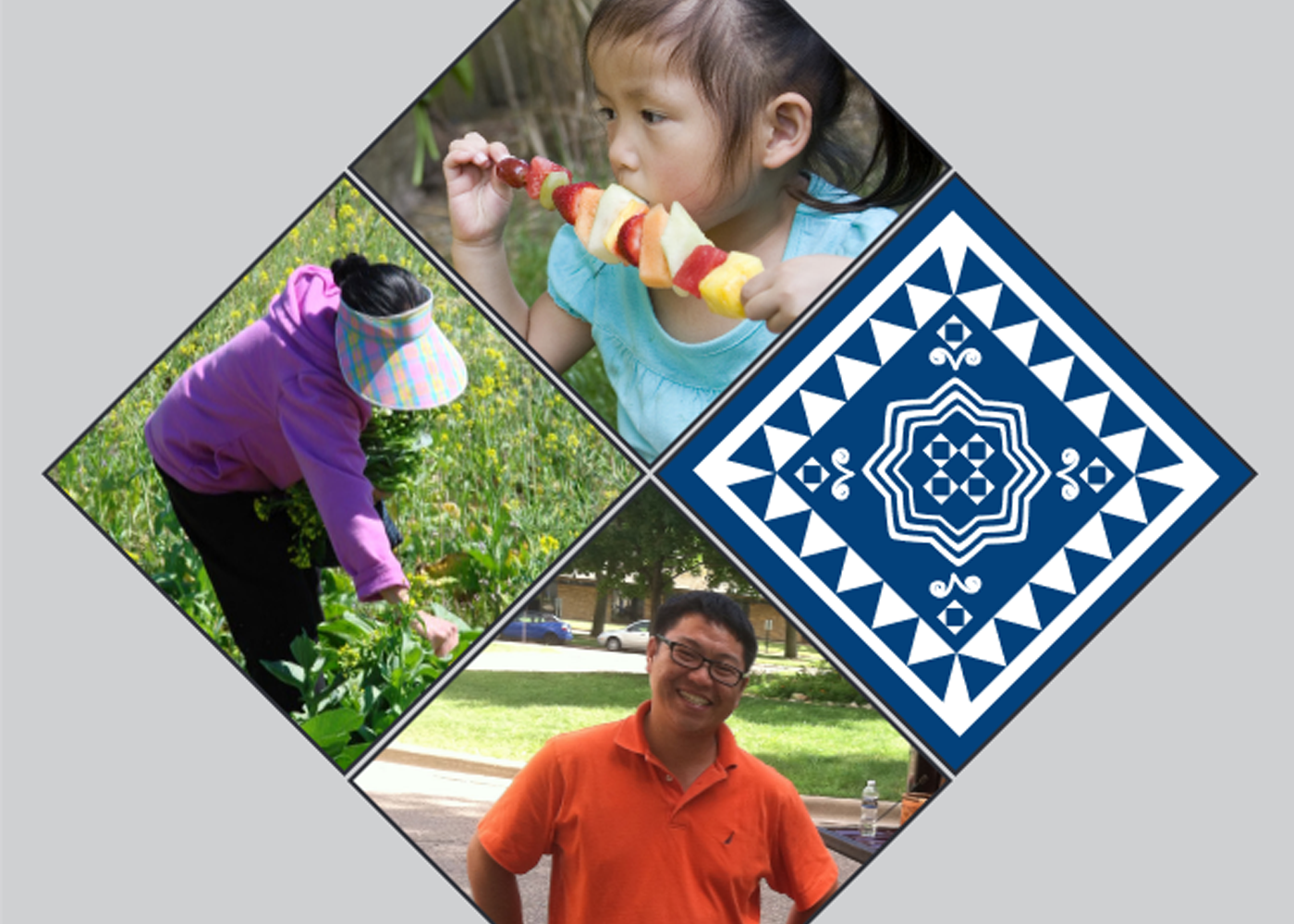 Collage of photos of a young girl eating a fruit kabob, a woman picking flowers in a field, a man smiling, and a geometric design.