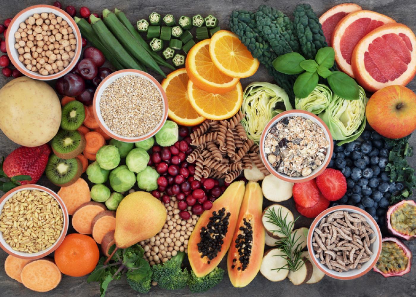 a variety of fruits, vegetables, and grains 