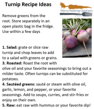 Example of a educational resources provided by the program- a page with turnip recipe ideas