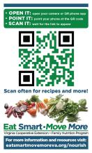 Food Bank QR Code magnet wtih instructions on how to use the QR code and an image of vegetables at the bottom with Eat Smart Move More