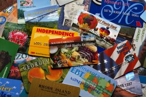 A collection of EBT cards from several states